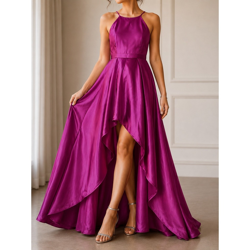 Lulus Formal Gown Dress Magenta Purple Satin High-Low Halter Size Large NEW